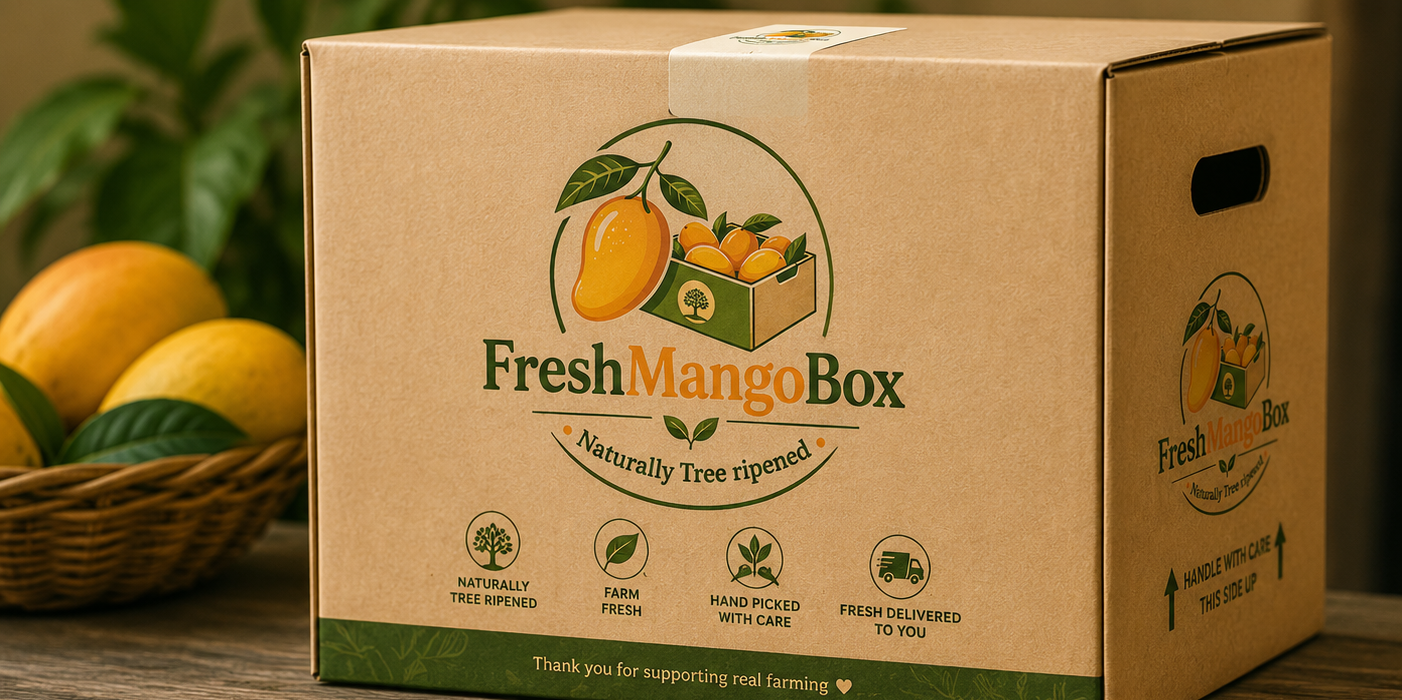 A premium kraft FreshMangoBox filled with golden Baganpalle mangoes and fresh leaves